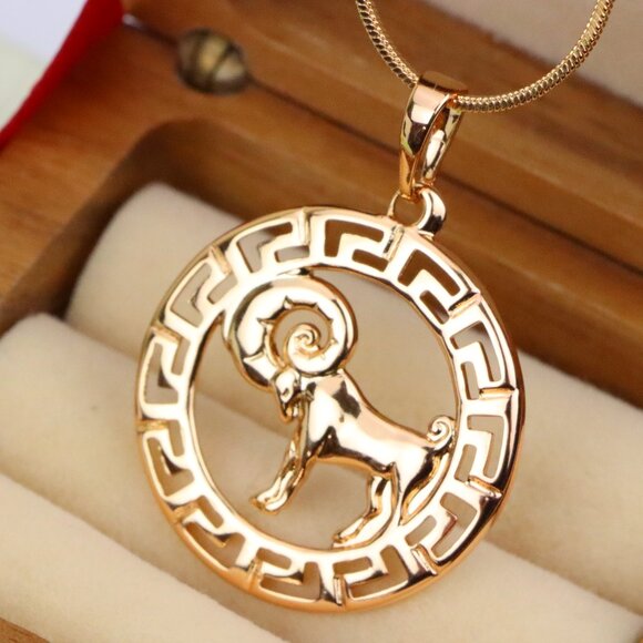 "Zodiac Ram Rose Gold Round Pendant in Geometric Border Design, XPPT1328 - Picture 1 of 13